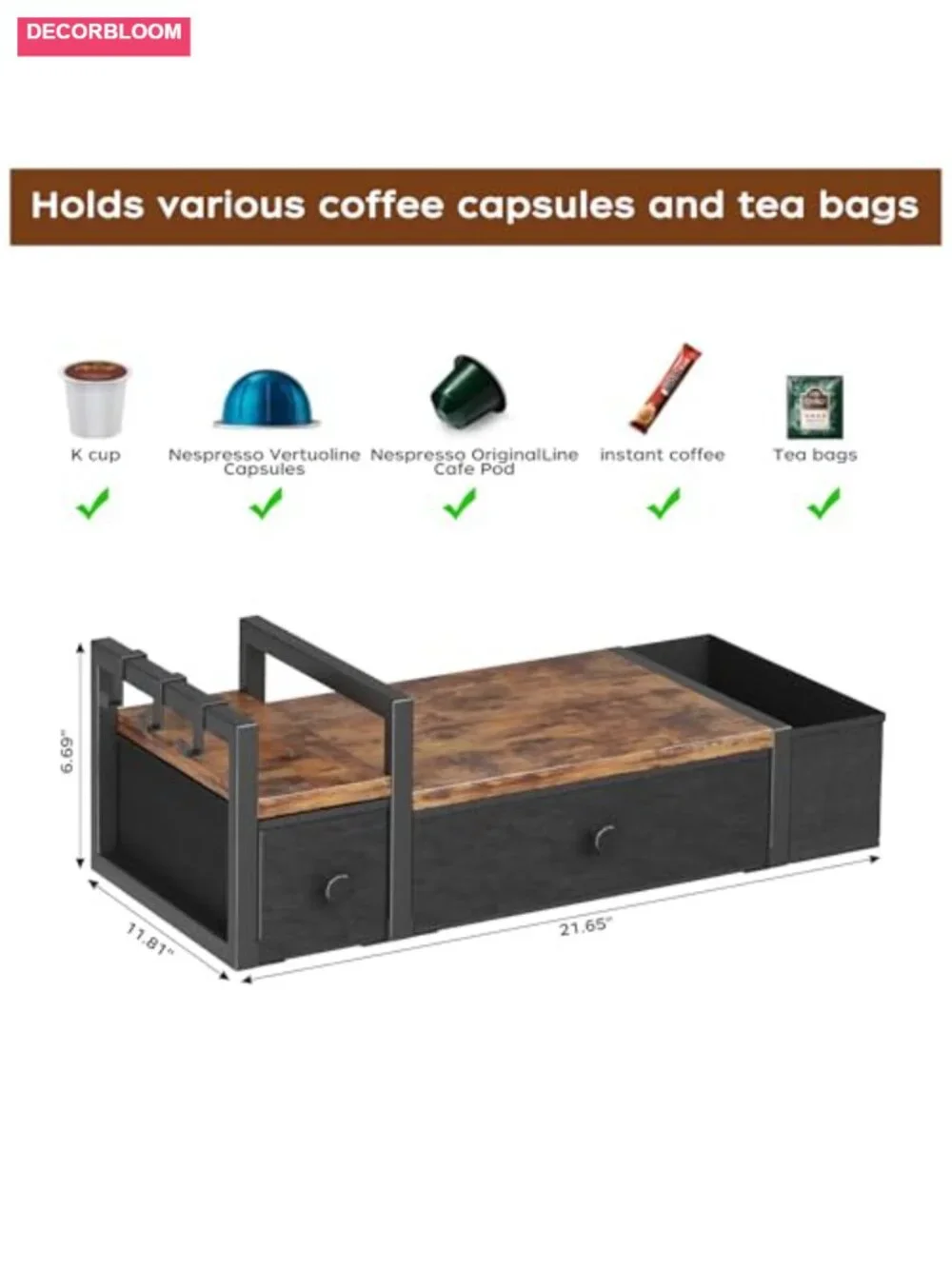 52 Capacity Coffee Pod Drawer with Mug Rack, Countertop K Cup Organizer